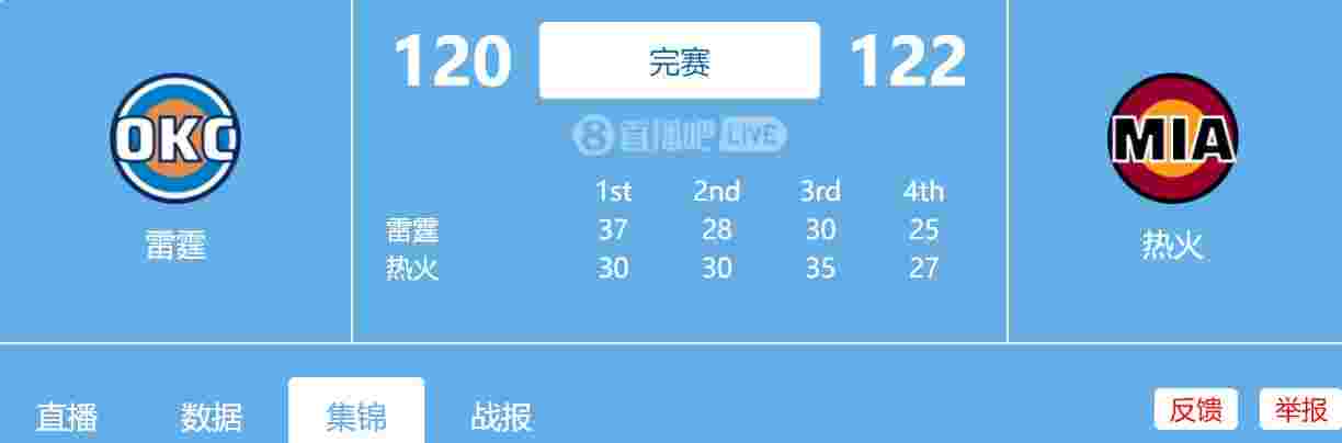 NBA常规赛 雷霆vs热火全场比赛录像回放